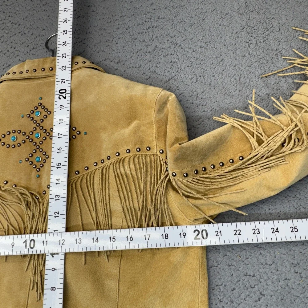Scully Leather Fringe Jacket Womens XL Tan Suede Studded Turquoise Western Boho